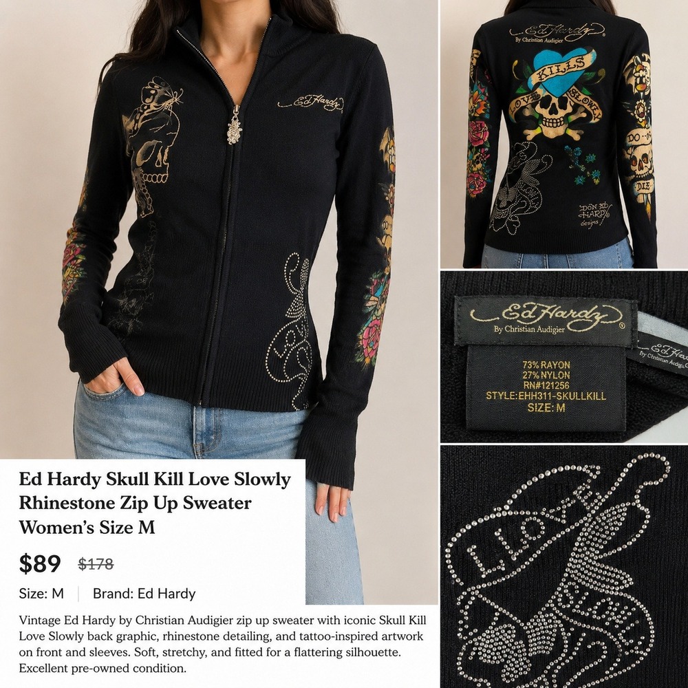 Ed Hardy Skull Kill Love Slowly Rhinestone Zip Up Sweater Black Vintage Medium
